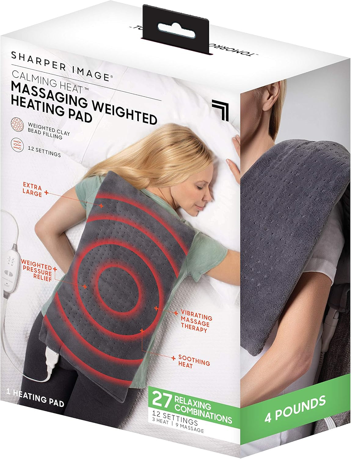 Calming Heat Massaging Weighted Heating Pad by Sharper Image- Weighted Electric Heating Pad with Massaging Vibrations, 9 Settings- 3 Heat, 6 Massage- 18 Relaxing Combinations, 12” X 24”, 4 Lbs