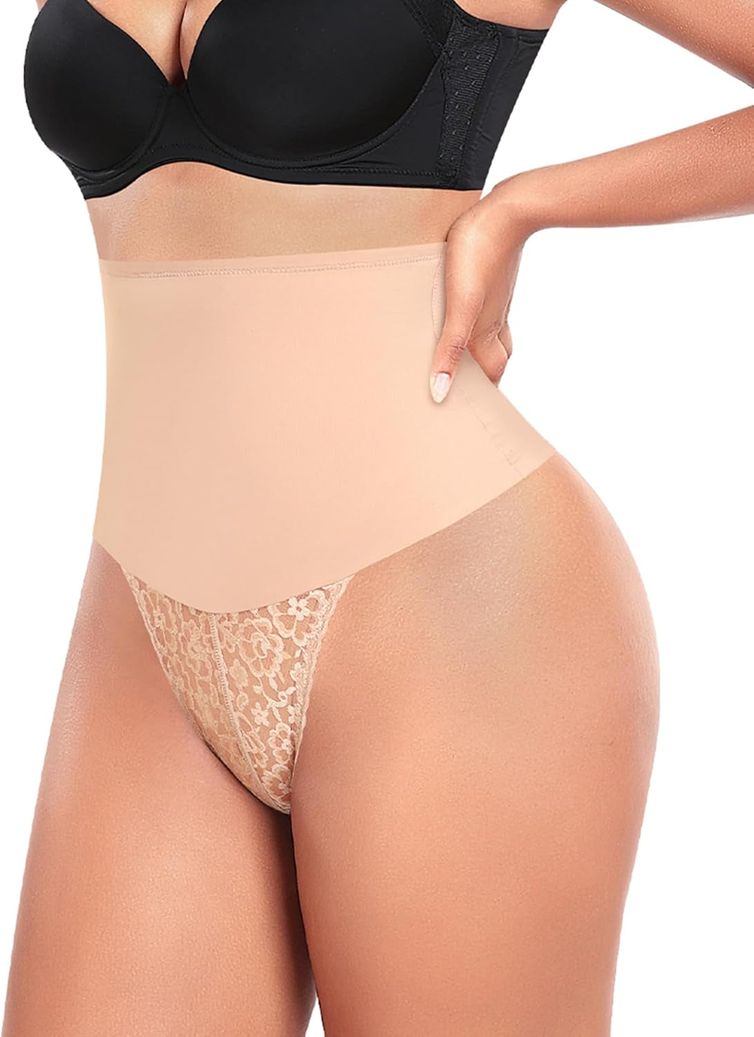 Tummy Control Thong Shapewear for Women Mid High Waisted Body Shaper Underwear Lace Shaping Thong Girdle Panties