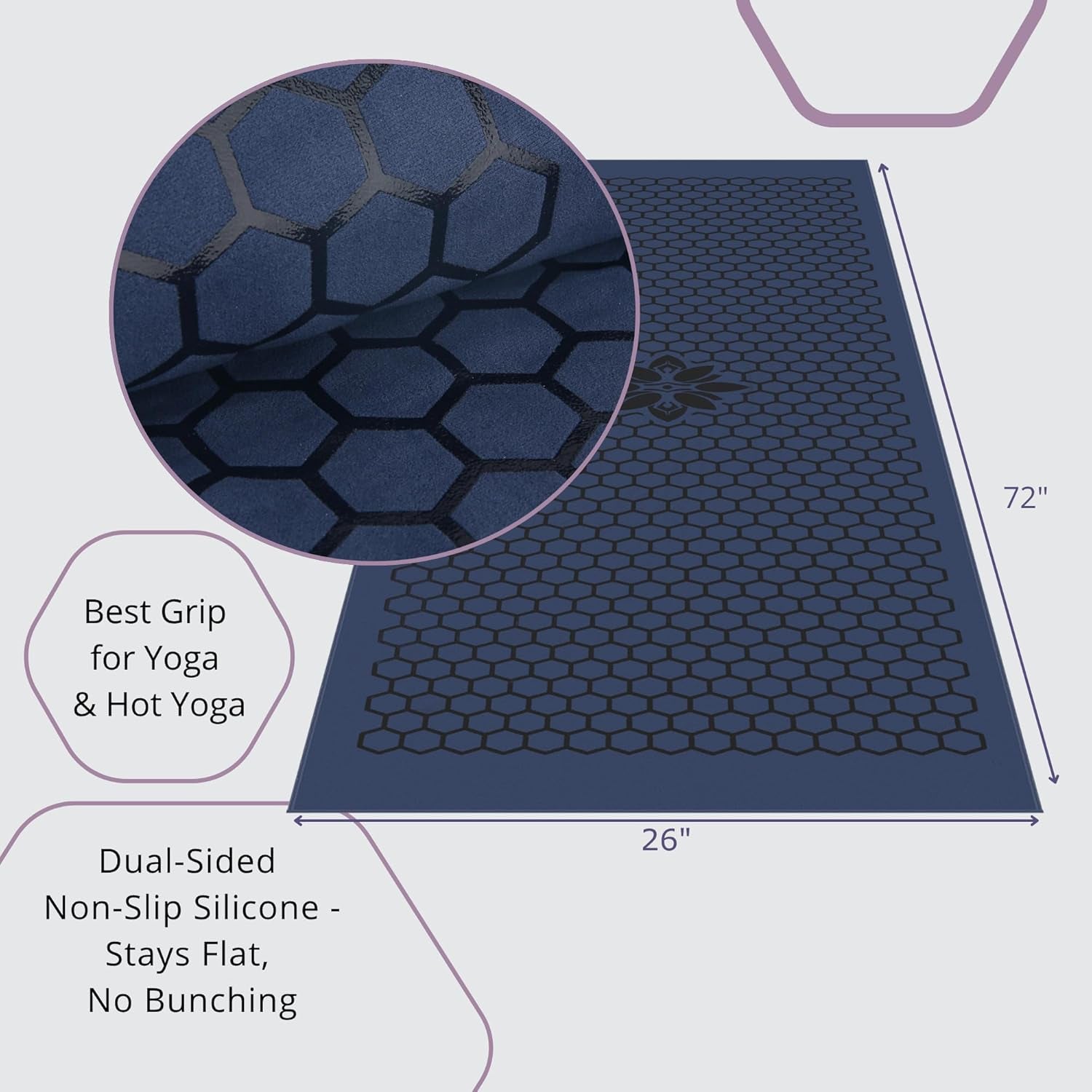 Hot Yoga Mat Towel – Non-Slip Grip for Hot Yoga, Sweat Absorbent, Honeycomb Silicone Grip, Stays Flat – Ideal for Pilates, Travel, Washable & Lightweight - Dark Blue