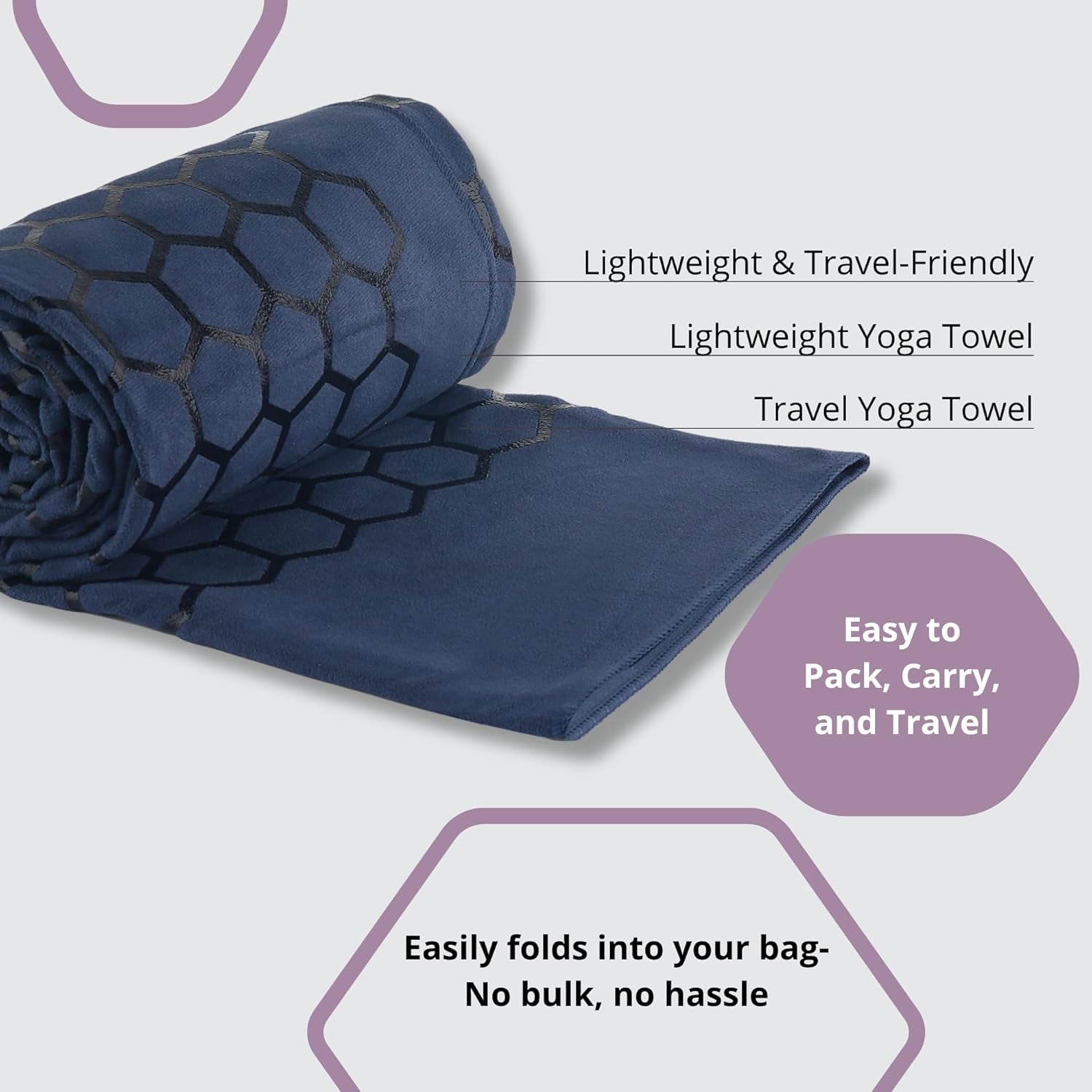 Hot Yoga Mat Towel – Non-Slip Grip for Hot Yoga, Sweat Absorbent, Honeycomb Silicone Grip, Stays Flat – Ideal for Pilates, Travel, Washable & Lightweight - Dark Blue