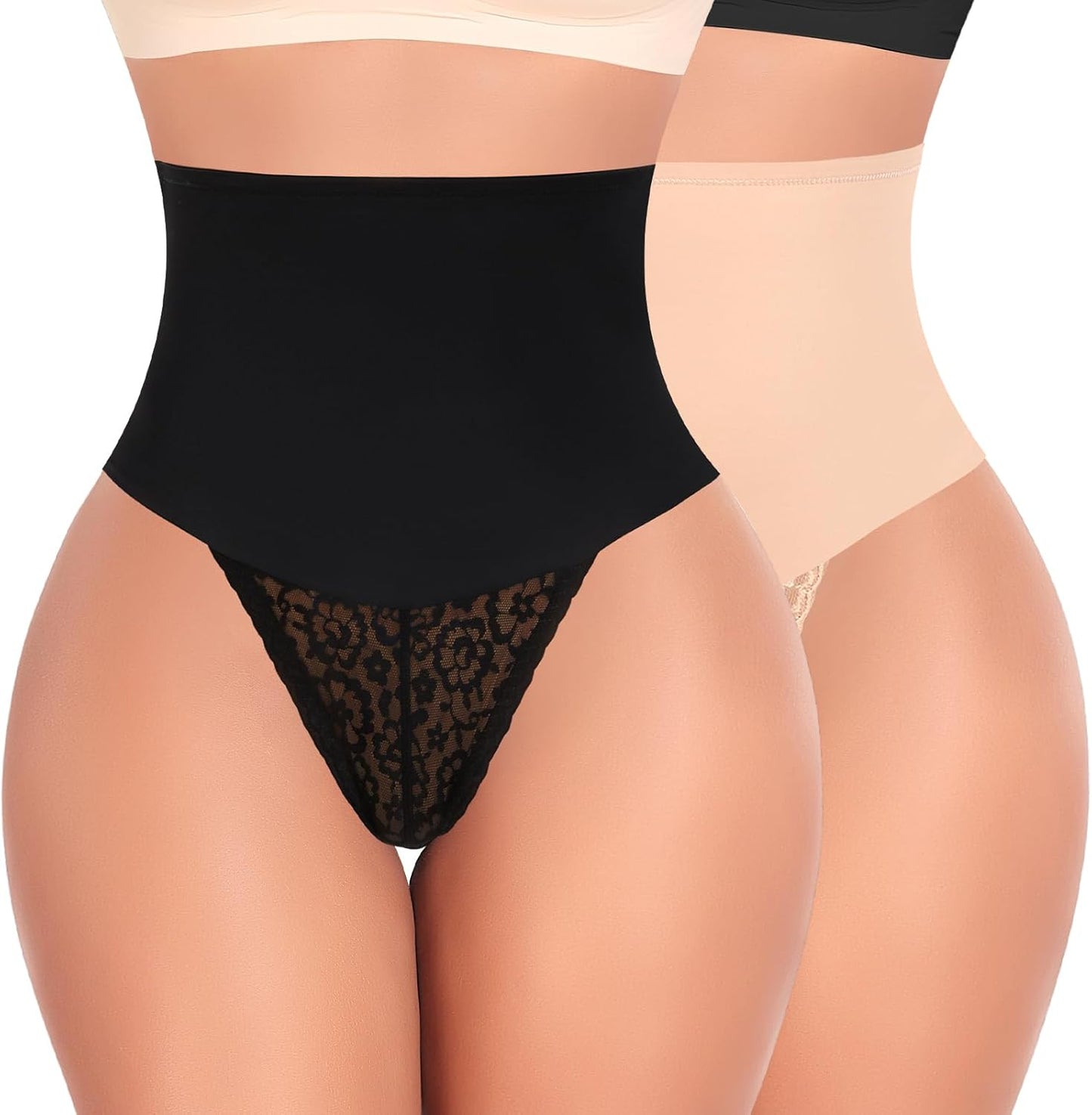 Tummy Control Thong Shapewear for Women Mid High Waisted Body Shaper Underwear Lace Shaping Thong Girdle Panties